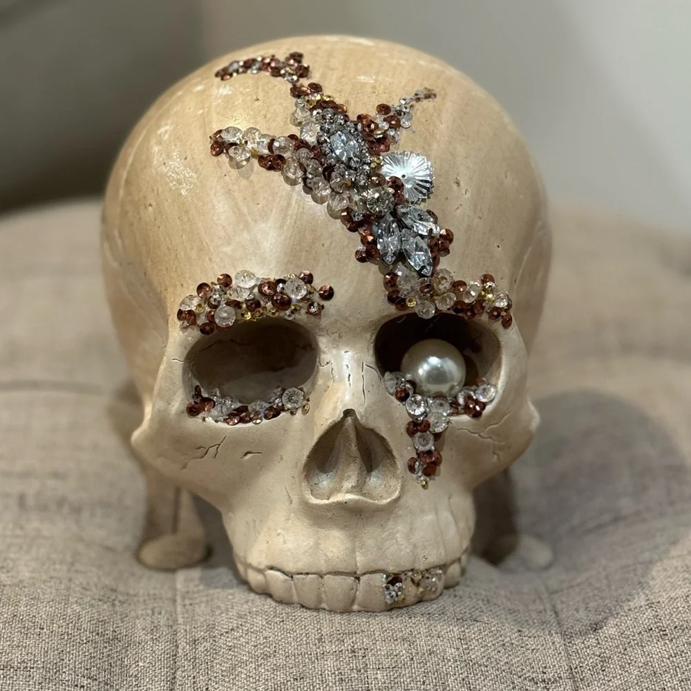 Vintage Pier 1 Halloween Bejeweled Skull Decor - Glam Rhinestone Sequin